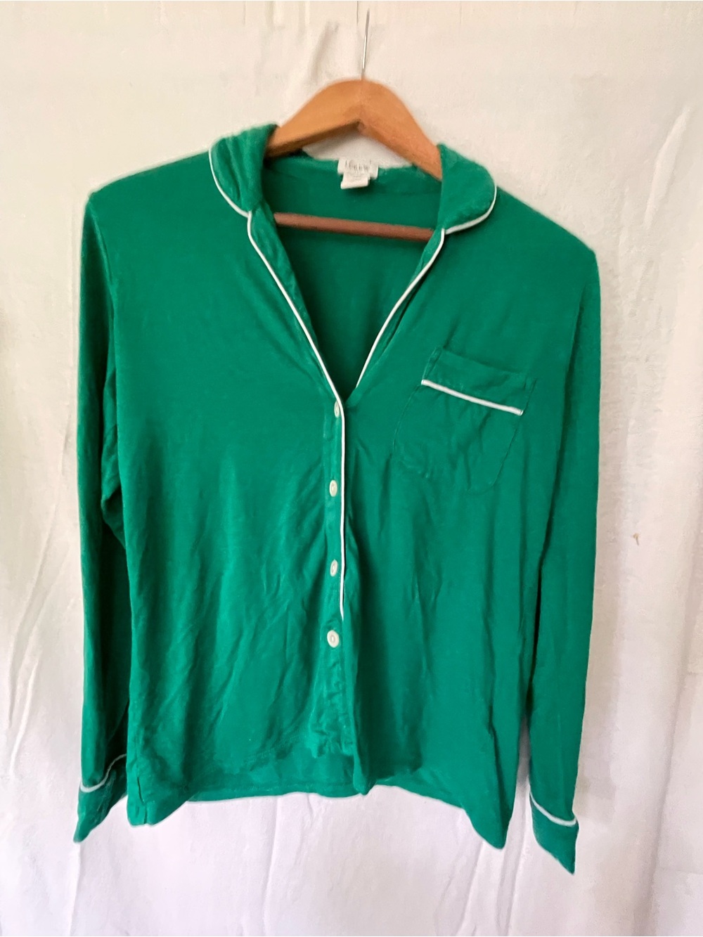 J.Crew Pajama Set Women Sz XSP Green White Piping Long Sleeve Button Up Stretchy